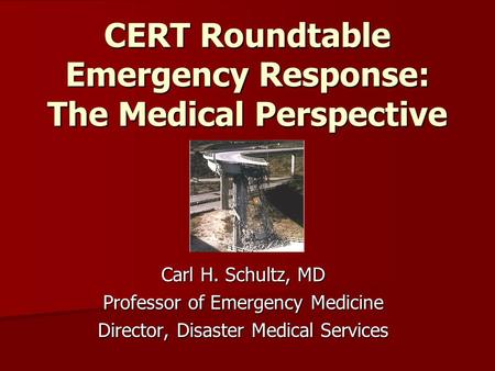 CERT Roundtable Emergency Response: The Medical Perspective Carl H. Schultz, MD Professor of Emergency Medicine Director, Disaster Medical Services.
