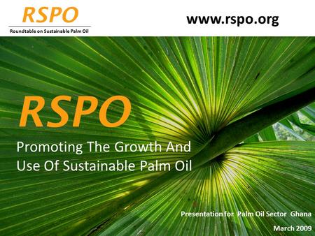 Promoting The Growth And Use Of Sustainable Palm Oil RSPO www.rspo.org Presentation for Palm Oil Sector Ghana March 2009 RSPO Roundtable on Sustainable.