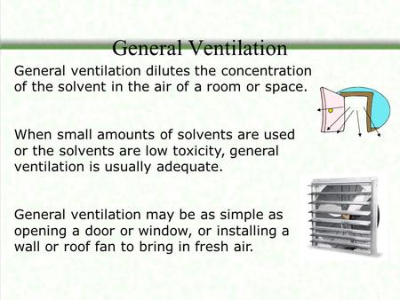 General Ventilation General ventilation dilutes the concentration of the solvent in the air of a room or space. When small amounts of solvents are used.