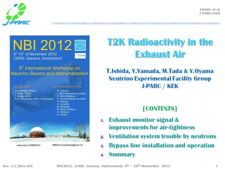 Ver. 1.1 [Nov.09]NBI2012, CERN, Geneva, Switzerland, 6 th – 10 th November 2012 Ishida et al. J-PARC/KEK T2K Radioactivity in the Exhaust Air T2K Radioactivity.