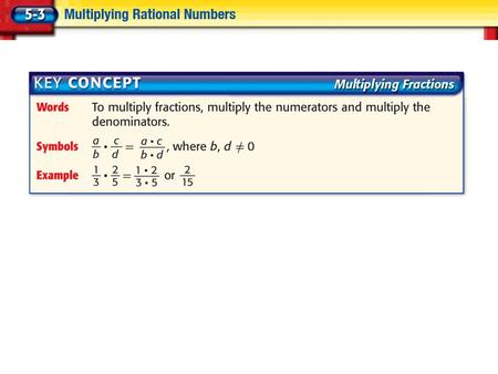 Multiply Fractions Multiply the numerators. Multiply the denominators. Answer: