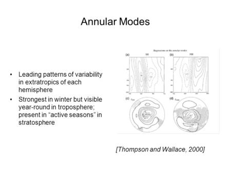 Annular Modes Leading patterns of variability in extratropics of each hemisphere Strongest in winter but visible year-round in troposphere; present in.