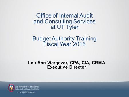 Office of Internal Audit and Consulting Services at UT Tyler Budget Authority Training Fiscal Year 2015 Lou Ann Viergever, CPA, CIA, CRMA Executive Director.