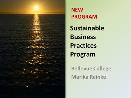Sustainable Business Practices Program Bellevue College Marika Reinke NEW PROGRAM.