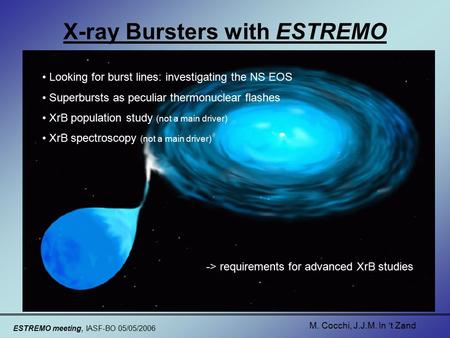 ESTREMO meeting, IASF-BO 05/05/2006 M. Cocchi, J.J.M. In ‘t Zand X-ray Bursters with ESTREMO Looking for burst lines: investigating the NS EOS Superbursts.