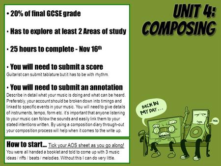20% of final GCSE grade Has to explore at least 2 Areas of study 25 hours to complete - Nov 16 th You will need to submit a score Guitarist can submit.
