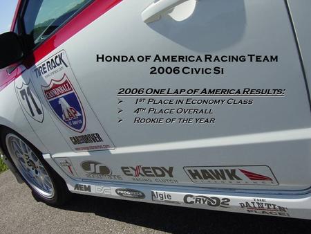 2006 One Lap of America Results:  1 st Place in Economy Class  4 th Place Overall  Rookie of the year Honda of America Racing Team 2006 Civic Si.