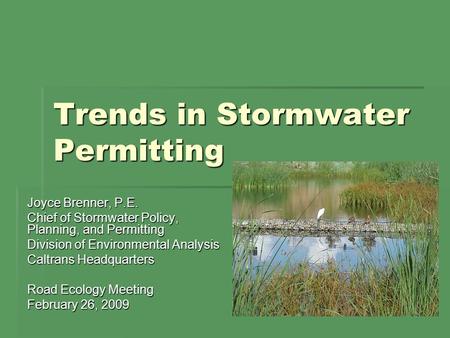 Trends in Stormwater Permitting Joyce Brenner, P.E. Chief of Stormwater Policy, Planning, and Permitting Division of Environmental Analysis Caltrans Headquarters.