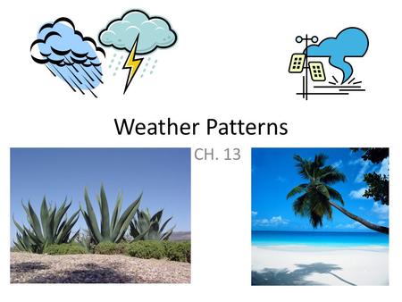 Weather Patterns CH. 13. Weather vs. Climate Weather: current state of the atmosphere Climate: average weather of a particular area over a long span of.