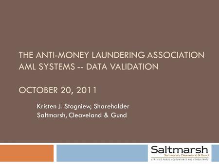 THE ANTI-MONEY LAUNDERING ASSOCIATION AML SYSTEMS -- DATA VALIDATION OCTOBER 20, 2011 Kristen J. Stogniew, Shareholder Saltmarsh, Cleaveland & Gund.