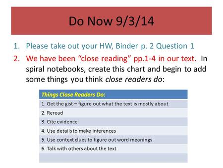 Do Now 9/3/14 1.Please take out your HW, Binder p. 2 Question 1 2.We have been “close reading” pp.1-4 in our text. In spiral notebooks, create this chart.