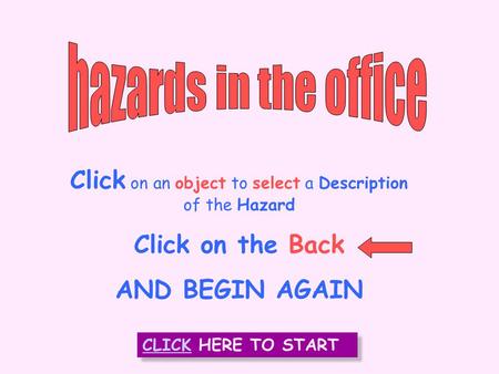 INTRODUCTION Click on an object to select a Description of the Hazard Click on the Back AND BEGIN AGAIN CLICK HERE TO START CLICK HERE TO START.