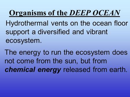 Organisms of the DEEP OCEAN Hydrothermal vents on the ocean floor support a diversified and vibrant ecosystem. The energy to run the ecosystem does not.