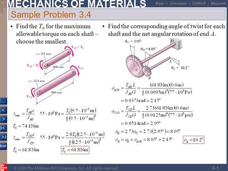 Sample Problem 3.4 Find the T0 for the maximum allowable torque on each shaft – choose the smallest. Find the corresponding angle of twist for each shaft.