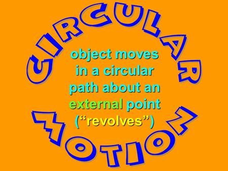 object moves in a circular path about an external point (“revolves”)