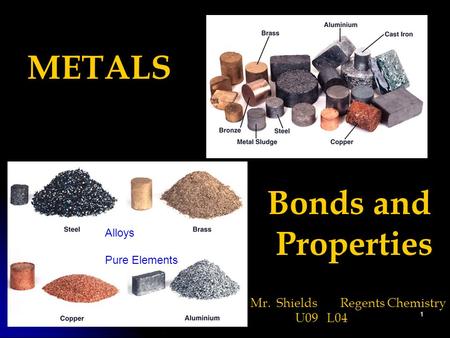 1 METALS Bonds and Properties Mr. ShieldsRegents Chemistry U09 L04 Alloys Pure Elements.