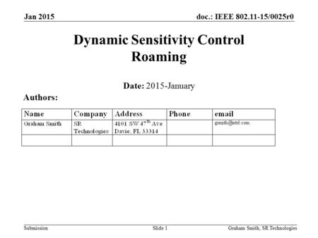 Doc.: IEEE 802.11-15/0025r0 Submission Jan 2015 Dynamic Sensitivity Control Roaming Date: 2015-January Authors: Graham Smith, SR TechnologiesSlide 1.