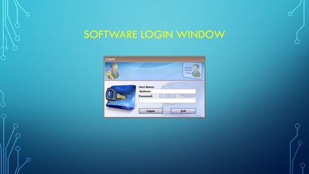 SOFTWARE LOGIN WINDOW. MAIN DESKTOP WITH STUDENT STRENGTH AND MONTHLY FEE STATUS.