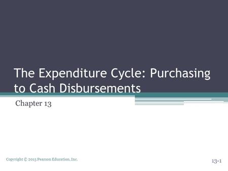 Copyright © 2015 Pearson Education, Inc. The Expenditure Cycle: Purchasing to Cash Disbursements Chapter 13 13-1.