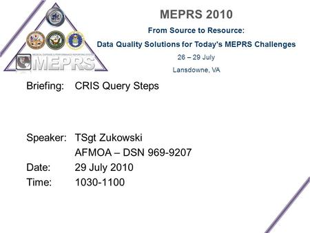 MEPRS 2010 From Source to Resource: Data Quality Solutions for Today's MEPRS Challenges 26 – 29 July Lansdowne, VA Briefing: CRIS Query Steps Speaker: