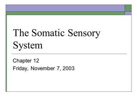 The Somatic Sensory System Chapter 12 Friday, November 7, 2003.