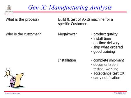 Kenneth J. Andrews EMP-5179-6-1 Gen-X: Manufacturing Analysis What is the process?Build & test of AXIS machine for a specific Customer Who is the customer?MegaPower-