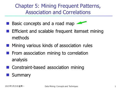 2015年5月25日星期一 2015年5月25日星期一 2015年5月25日星期一 Data Mining: Concepts and Techniques1 Chapter 5: Mining Frequent Patterns, Association and Correlations Basic.
