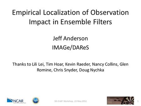 Empirical Localization of Observation Impact in Ensemble Filters Jeff Anderson IMAGe/DAReS Thanks to Lili Lei, Tim Hoar, Kevin Raeder, Nancy Collins, Glen.