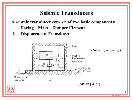 © G. Washington, 2002 1 Seismic Transducers A seismic transducer consists of two basic components: i.Spring – Mass – Damper Element ii.Displacement Transducer.