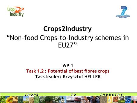 C R O P S T O I N D U S T R Y WP 1 Task 1.2 : Potential of bast fibr e s crops Task leader: Krzysztof HELLER Crops2Industry “Non-food Crops-to-Industry.