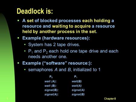 Chapter 81 Deadlock is:  A set of blocked processes each holding a resource and waiting to acquire a resource held by another process in the set.  Example.