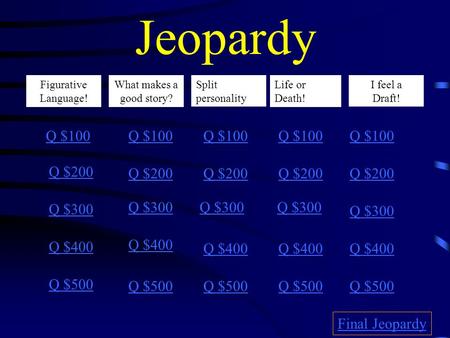 Jeopardy Figurative Language! ! What makes a good story? Life or Death! I feel a draft Q $100 Q $200 Q $300 Q $400 Q $500 Q $100 Q $200 Q $300 Q $400.