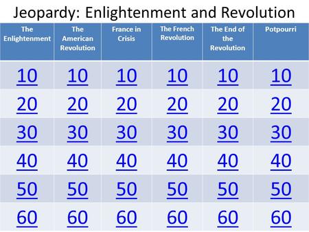 Jeopardy: Enlightenment and Revolution The Enlightenment The American Revolution France in Crisis The French Revolution The End of the Revolution Potpourri.