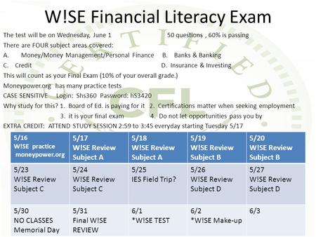 The test will be on Wednesday, June 1 50 questions, 60% is passing There are FOUR subject areas covered: A.Money/Money Management/Personal Finance B. Banks.