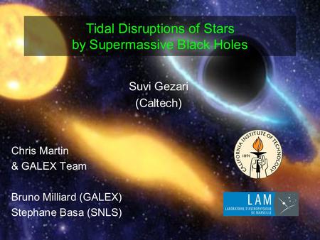 Tidal Disruptions of Stars by Supermassive Black Holes Suvi Gezari (Caltech) Chris Martin & GALEX Team Bruno Milliard (GALEX) Stephane Basa (SNLS)