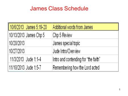 1 James Class Schedule. 2 James 5:19-20 Additional words from James 19 My brethren, if any among you strays from the truth and one turns him back, 20.