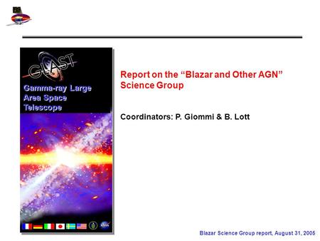 Blazar Science Group report, August 31, 2005 Gamma-ray Large Area Space Telescope Coordinators: P. Giommi & B. Lott Report on the “Blazar and Other AGN”