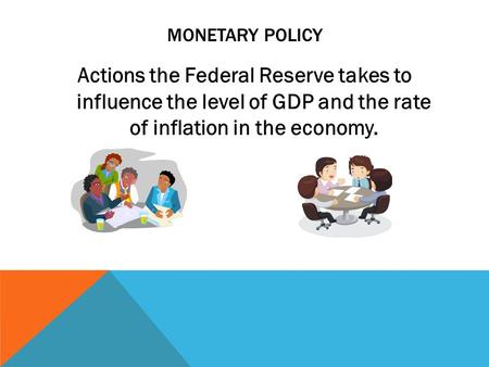 MONETARY POLICY Actions the Federal Reserve takes to influence the level of GDP and the rate of inflation in the economy.