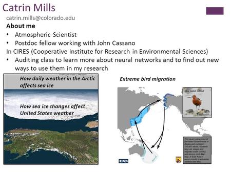 Catrin Mills About me Atmospheric Scientist Postdoc fellow working with John Cassano In CIRES (Cooperative Institute for Research.
