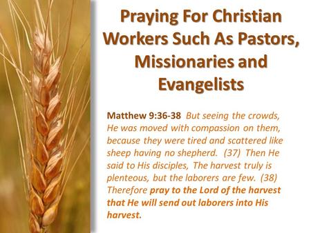Praying For Christian Workers Such As Pastors, Missionaries and Evangelists Matthew 9:36-38 But seeing the crowds, He was moved with compassion on them,