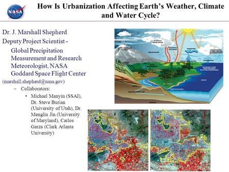 G O D D A R D S P A C E F L I G H T C E N T E R How Is Urbanization Affecting Earth’s Weather, Climate and Water Cycle? Dr. J. Marshall Shepherd Deputy.