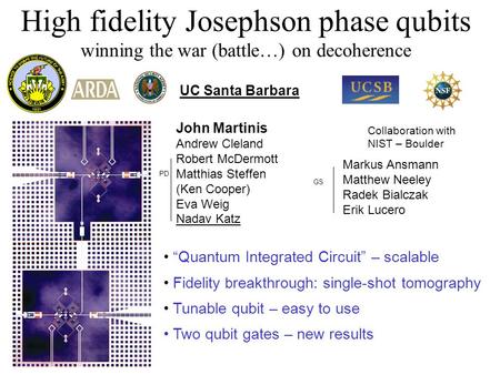 High fidelity Josephson phase qubits winning the war (battle…) on decoherence “Quantum Integrated Circuit” – scalable Fidelity b reakthrough: single-shot.