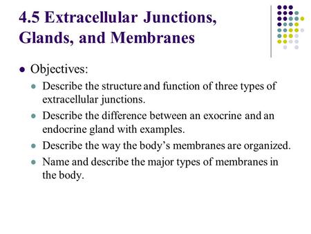 4.5 Extracellular Junctions, Glands, and Membranes Objectives: Describe the structure and function of three types of extracellular junctions. Describe.