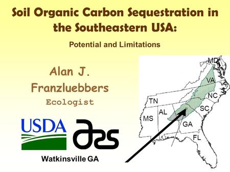 Soil Organic Carbon Sequestration in the Southeastern USA: Alan J. Franzluebbers Ecologist Watkinsville GA TN MS AL GA FL VA NC SC MD Potential and Limitations.