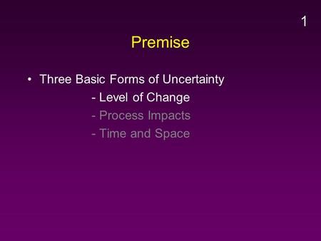 Premise Three Basic Forms of Uncertainty - Level of Change - Process Impacts - Time and Space 1.