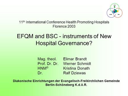 11 th International Conference Health Promoting Hospitals Florence 2003 EFQM and BSC - instruments of New Hospital Governance? Mag. theol. Elimar Brandt.