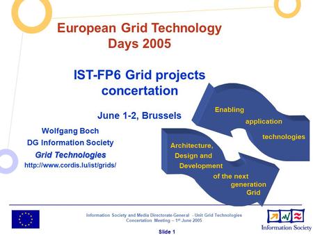 Information Society and Media Directorate-General - Unit Grid Technologies Concertation Meeting – 1 st June 2005 Slide 1 Wolfgang Boch DG Information Society.