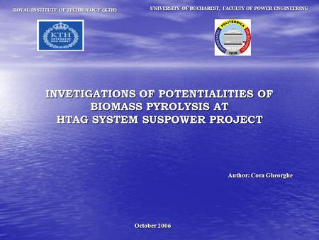 October 2006 ROYAL INSTITUTE OF TECHNOLOGY (KTH) INVETIGATIONS OF POTENTIALITIES OF BIOMASS PYROLYSIS AT HTAG SYSTEM SUSPOWER PROJECT UNIVERSITY OF BUCHAREST,