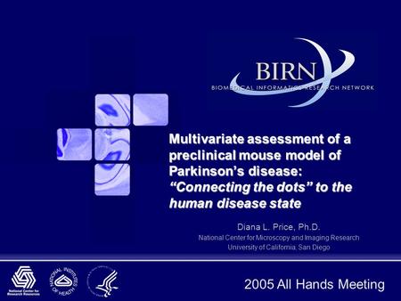 2005 All Hands Meeting Multivariate assessment of a preclinical mouse model of Parkinson’s disease: “Connecting the dots” to the human disease state Diana.