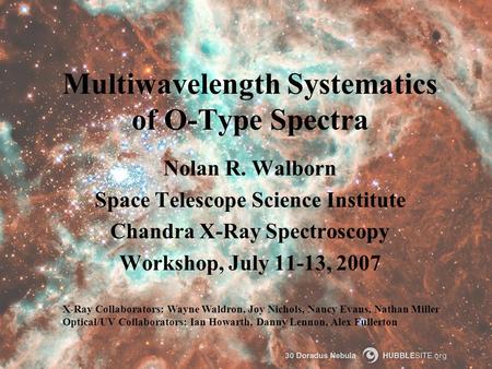Multiwavelength Systematics of O-Type Spectra Nolan R. Walborn Space Telescope Science Institute Chandra X-Ray Spectroscopy Workshop, July 11-13, 2007.